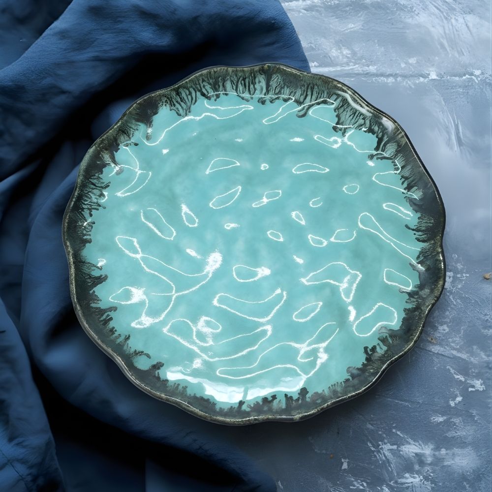 ocean blue ceramic wave plate round plate with textured glazed finish for serving meals and appetizers